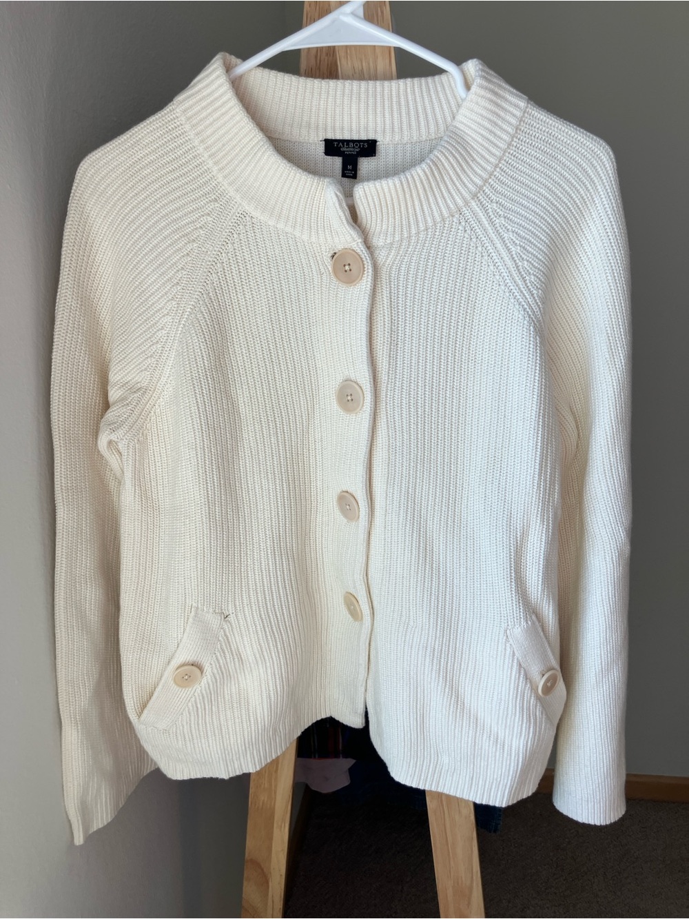 Talbots Ivory White Button-Front Ribbed Cardigan Petites Medium